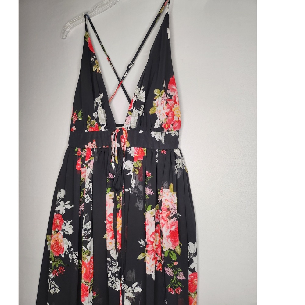 Shine Through Maxi Dress‎ Black Floral Small Criss Cross Straps open back